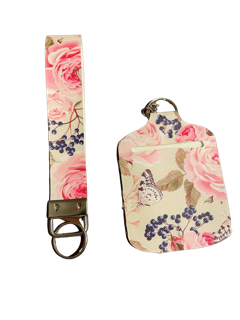 Pink Rose Keychain Wristlet and Sanitizer Holder